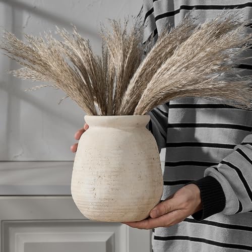 SIDUCAL Ceramic Rustic Farmhouse Vase | 7.3 Inch Pottery Decorative Flower for Home Decor | Sand Glaze Finish Boho Vase for Table, Living Room, Bathroom Decoration, Shelf Decor, Mantel, White - Image 3