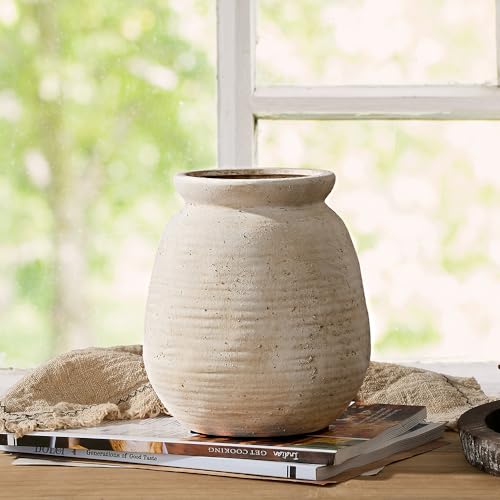 SIDUCAL Ceramic Rustic Farmhouse Vase | 7.3 Inch Pottery Decorative Flower for Home Decor | Sand Glaze Finish Boho Vase for Table, Living Room, Bathroom Decoration, Shelf Decor, Mantel, White - Image 2