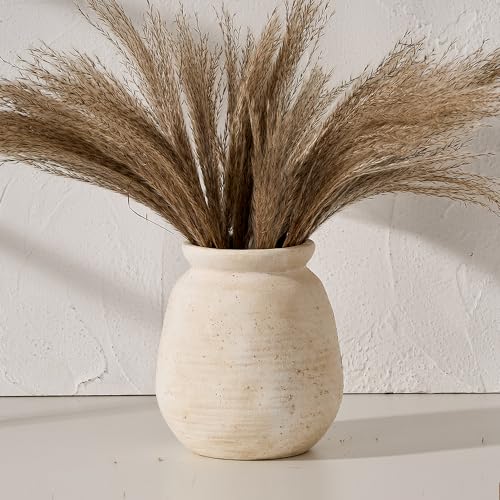 SIDUCAL Ceramic Rustic Farmhouse Vase | 7.3 Inch Pottery Decorative Flower for Home Decor | Sand Glaze Finish Boho Vase for Table, Living Room, Bathroom Decoration, Shelf Decor, Mantel, White - Image 1