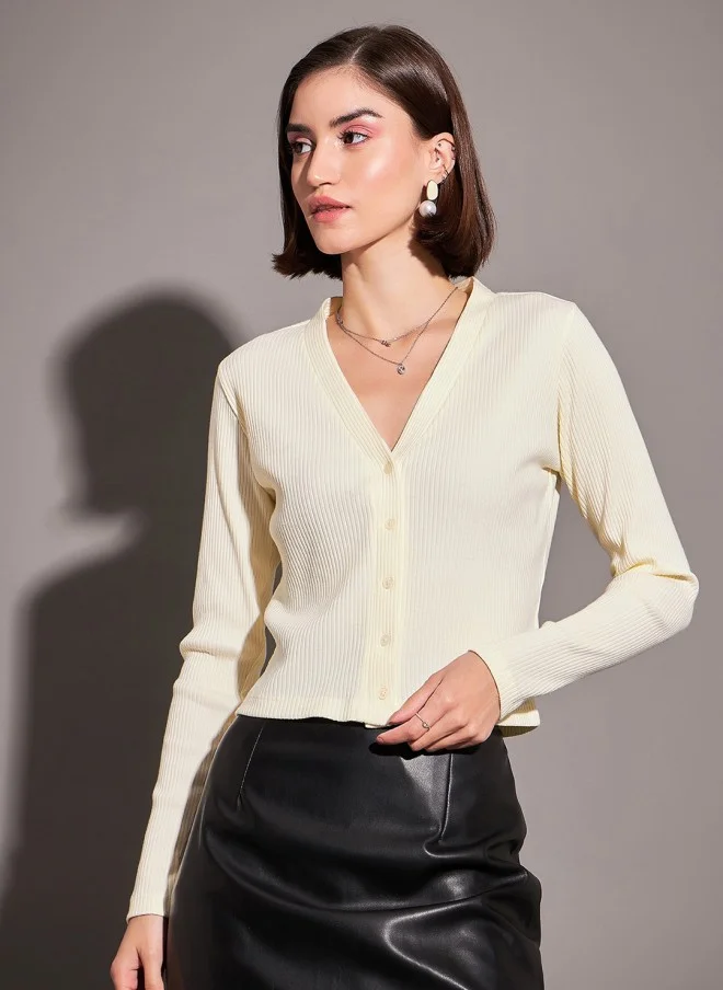 ساسافراس Off-White V-Neck Long Sleeve Cardigan Top for Women
