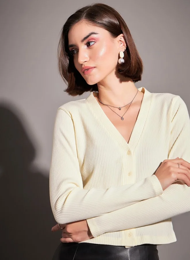 ساسافراس Off-White V-Neck Long Sleeve Cardigan Top for Women
