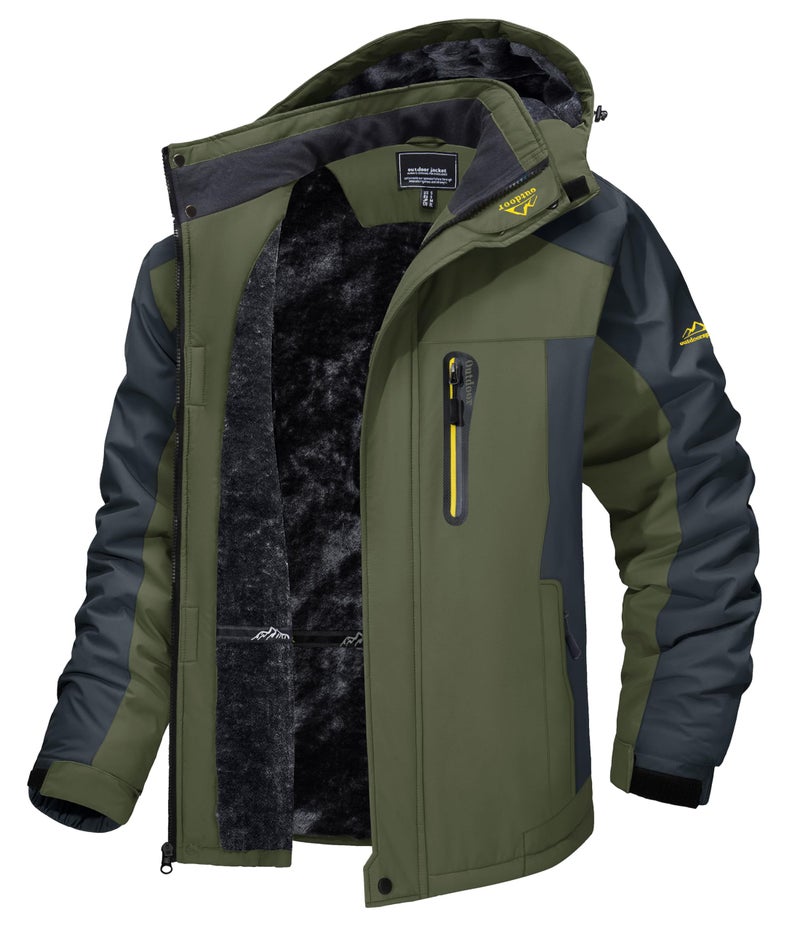 TACVASEN Men's Winter Ski Jacket Waterproof Snow Coats Snowboard Fleece Lining Jacket Warm Parka with Hooded Green M