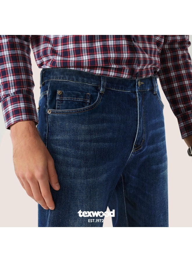 Texwood Apple Denim Jeans For Men Autumn And Winter New Style, Loose High-waist Casual Straight-leg Pants, Men's Trousers, Dark Blue, Size 34 - Image 2
