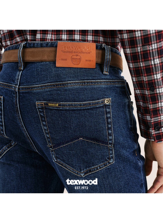 Texwood Apple Denim Jeans For Men Autumn And Winter New Style, Loose High-waist Casual Straight-leg Pants, Men's Trousers, Dark Blue, Size 34 - Image 3