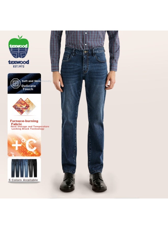 Texwood Apple Denim Jeans For Men Autumn And Winter New Style, Loose High-waist Casual Straight-leg Pants, Men's Trousers, Dark Blue, Size 34 - Image 1
