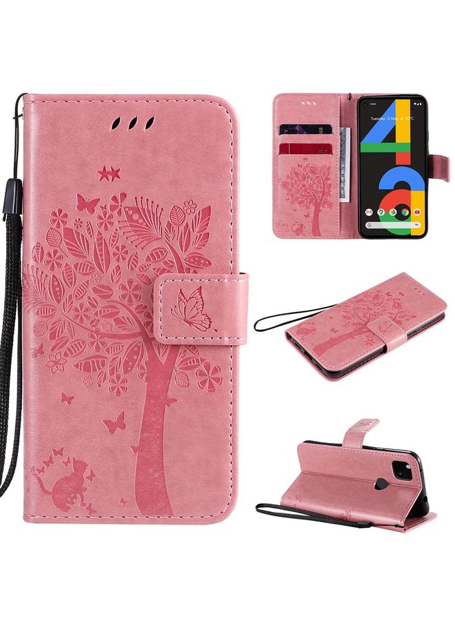 S-TOP Case For Google Pixel 4a 4G Tree & Cat Embossed Pattern Horizontal Flip Leather Case with Holder & Card Slots & Wallet & Lanyard - Image 1