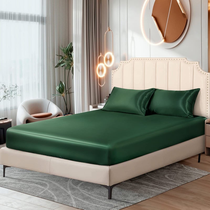 Ersmak Satin Fitted Sheet Only Luxury Silky King Fitted Sheet Ultra Soft Deep Pocket Bottom Sheet Wrinkle Fade Resistant Emerald Green