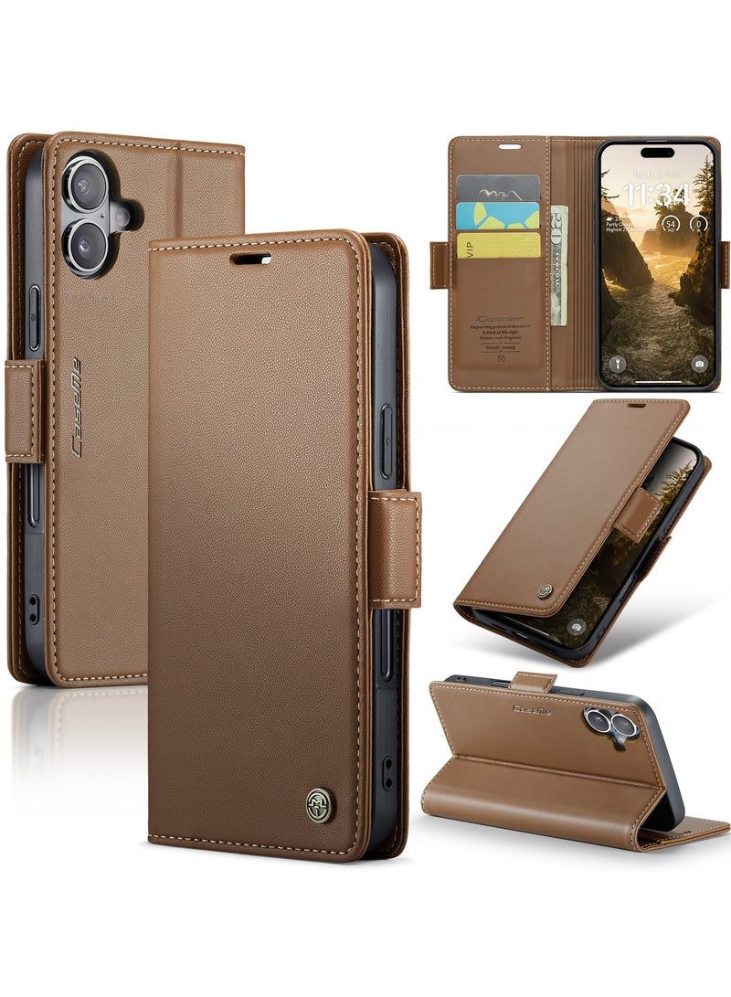 CaseMe Phone Case Luxury PU Leather Design Anti Fingerprint 023 Flip Cover Card Slot Holder Cover For  Iphone 16 Plus (Brown) - Image 1