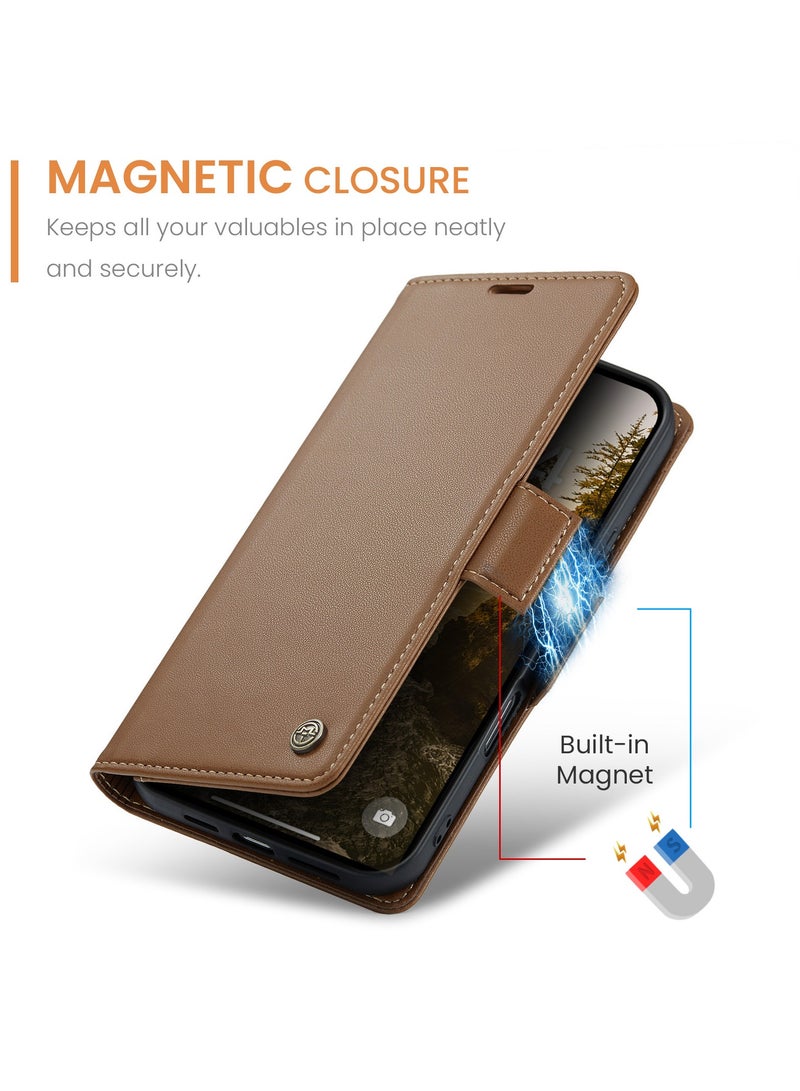 CaseMe Phone Case Luxury PU Leather Design Anti Fingerprint 023 Flip Cover Card Slot Holder Cover For  Iphone 16 Plus (Brown) - Image 4