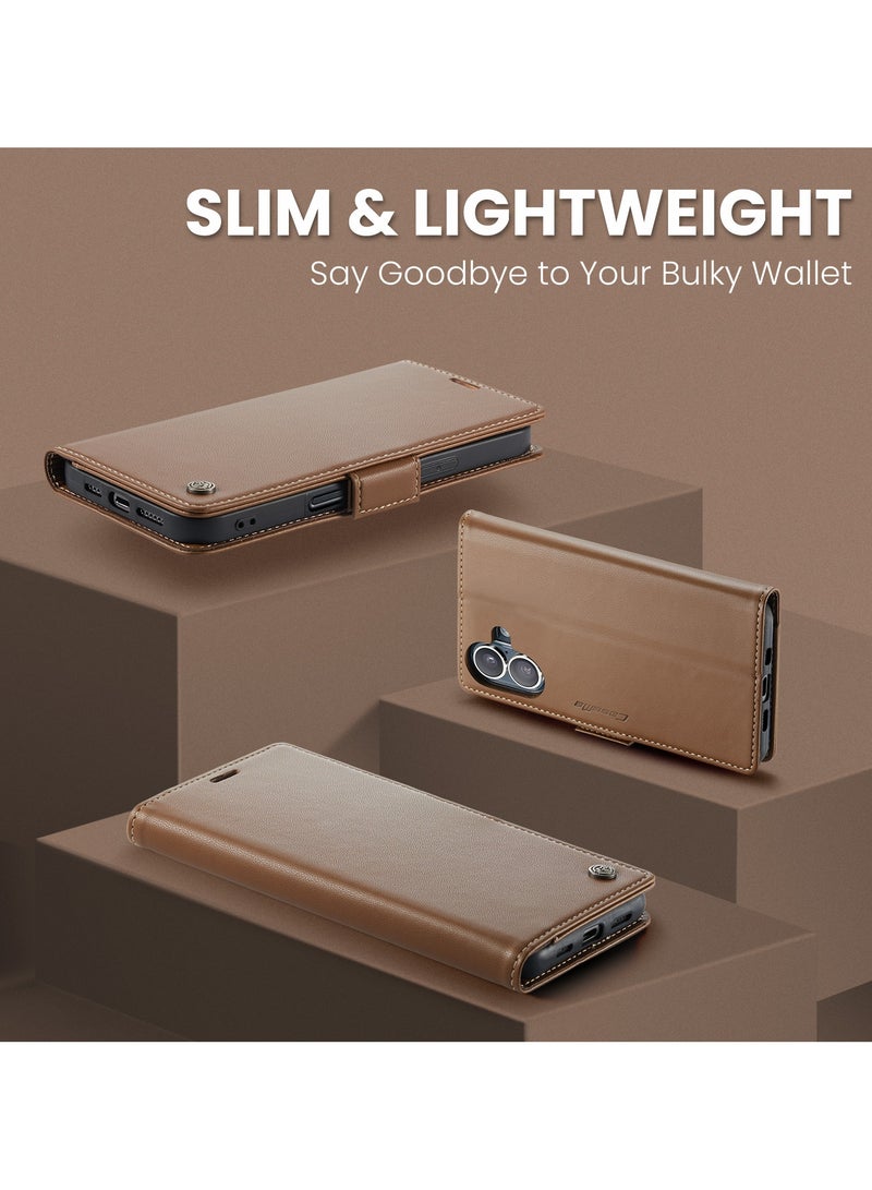 CaseMe Phone Case Luxury PU Leather Design Anti Fingerprint 023 Flip Cover Card Slot Holder Cover For  Iphone 16 Plus (Brown) - Image 5