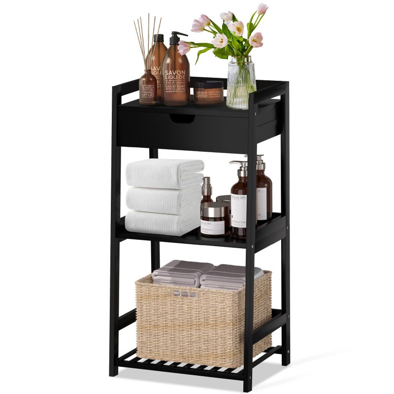 POXAKA 3 Tier Bamboo Bathroom Shelves with Drawer Ladder Shelf for Bathroom Storage SpaceSaving Design Stylish Display Nightstand Stylish Storage Solution for Home Living Room Kitchen Office