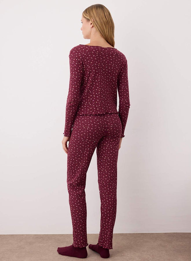 trendyol Burgundy 100% Cotton Floral Ribbon/Bow Corded Fabric /Pointel Knitted Pajama Set - Image 4