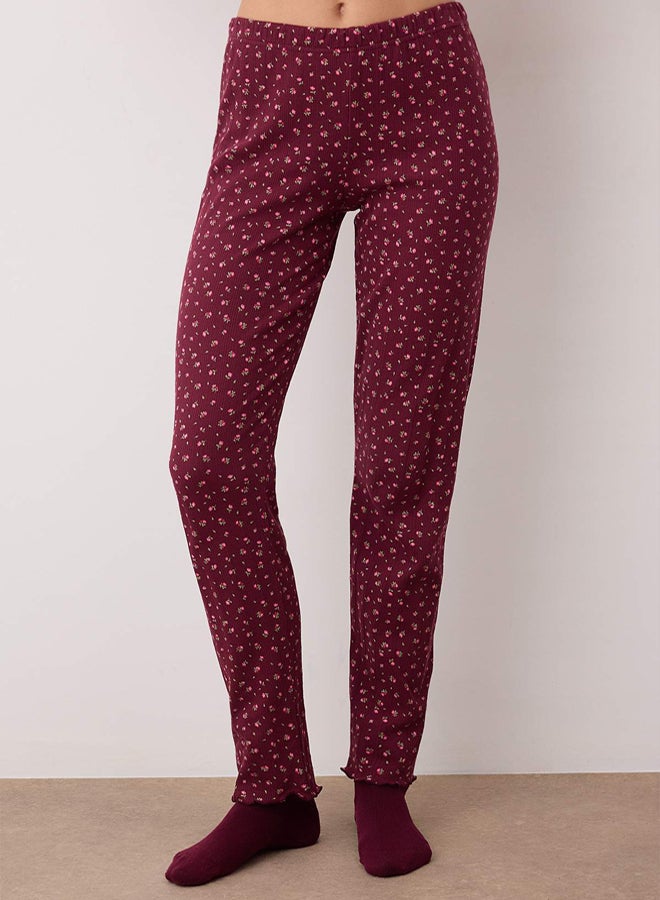 trendyol Burgundy 100% Cotton Floral Ribbon/Bow Corded Fabric /Pointel Knitted Pajama Set - Image 3