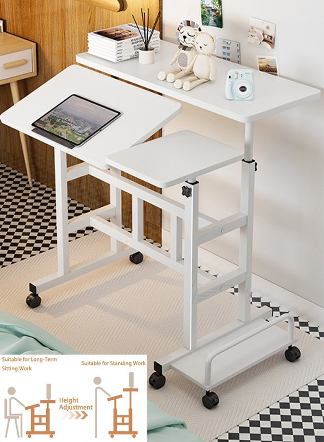 Mobile Standing Laptop Desk Rolling Laptop Workstation on Wheels Adjustable Height Computer Desk for Home Office Laptop Workstation with Side Storage (White Table) - Image 1