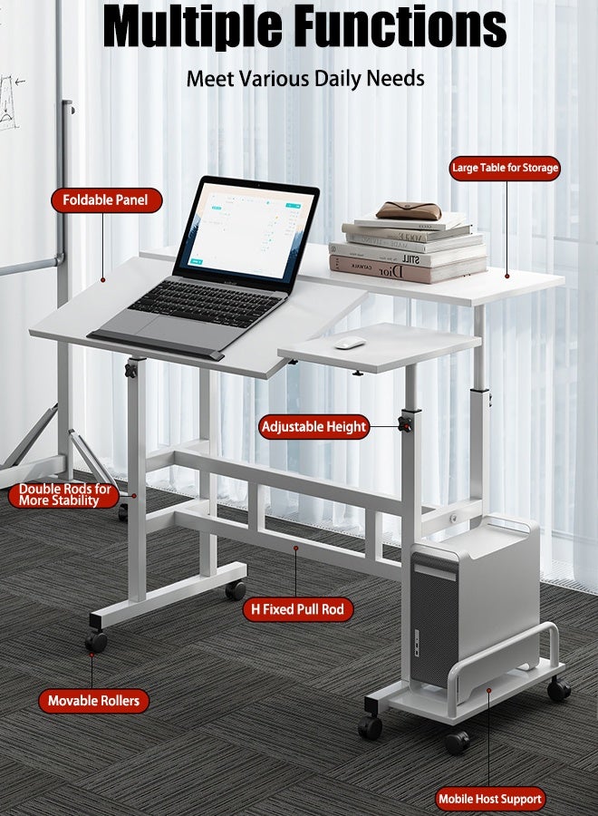 Mobile Standing Laptop Desk Rolling Laptop Workstation on Wheels Adjustable Height Computer Desk for Home Office Laptop Workstation with Side Storage (White Table) - Image 2