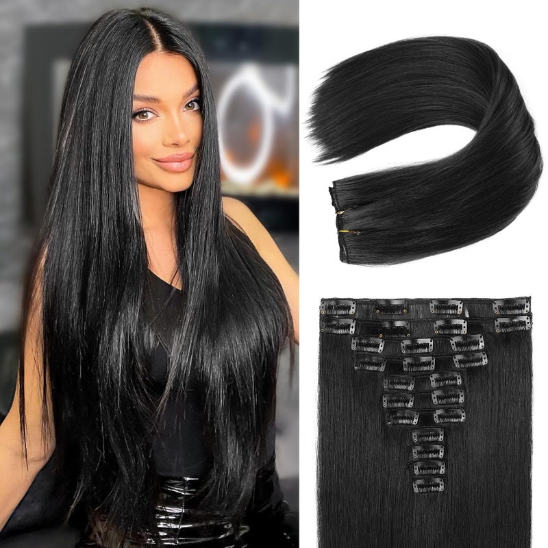 REECHO Hair Extensions, 11PCS Clip in Hair Extensions 24" Long Straight hair extensions HE005 Natural Soft Synthetic Hairpieces for Women â€“ Black - Image 1