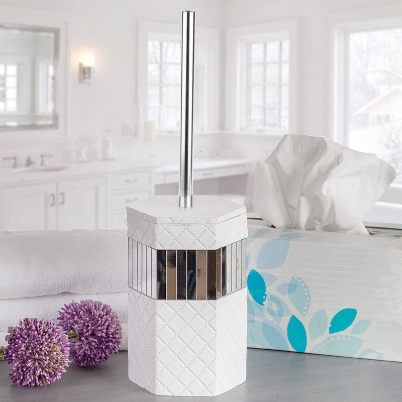 Creative Scents Quilted Mirror Bathroom Toilet Brush Set - White Toilet Bowl Brush and Holder - Good Grip Toilet Bowl Cleaner Brush and Holder - Decorative Compact Toilet Bowl Scrubber - Image 2