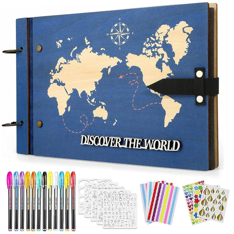ZEEYUAN Fathers Day Gift From WifeDaughterSon Wooden Scrap Book Album World Map Travelling Journal Scrapbook Our Adventure Book Scrapbooking Kits DIY Scrapbook Memory Photo Book for Couples