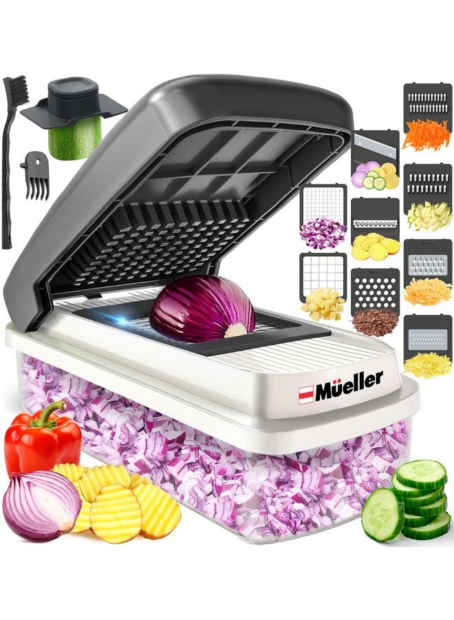 Mueller مُقطّع الخضار مولر، آلة تقطيع الخضار، مبشرة جبن، قاطع بصل وخضار مع حاوية، مكعبات، أدوات ومستلزمات المطبخ، أبيض رمل/رمادي - Image 1