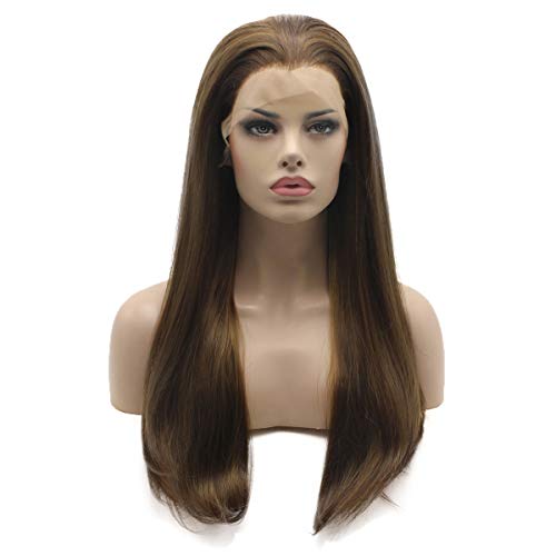 Lushy Straight Long 24inch Two Tone Brown Mix Heat Friendly Heavy Density Synthetic Lace Front Wig