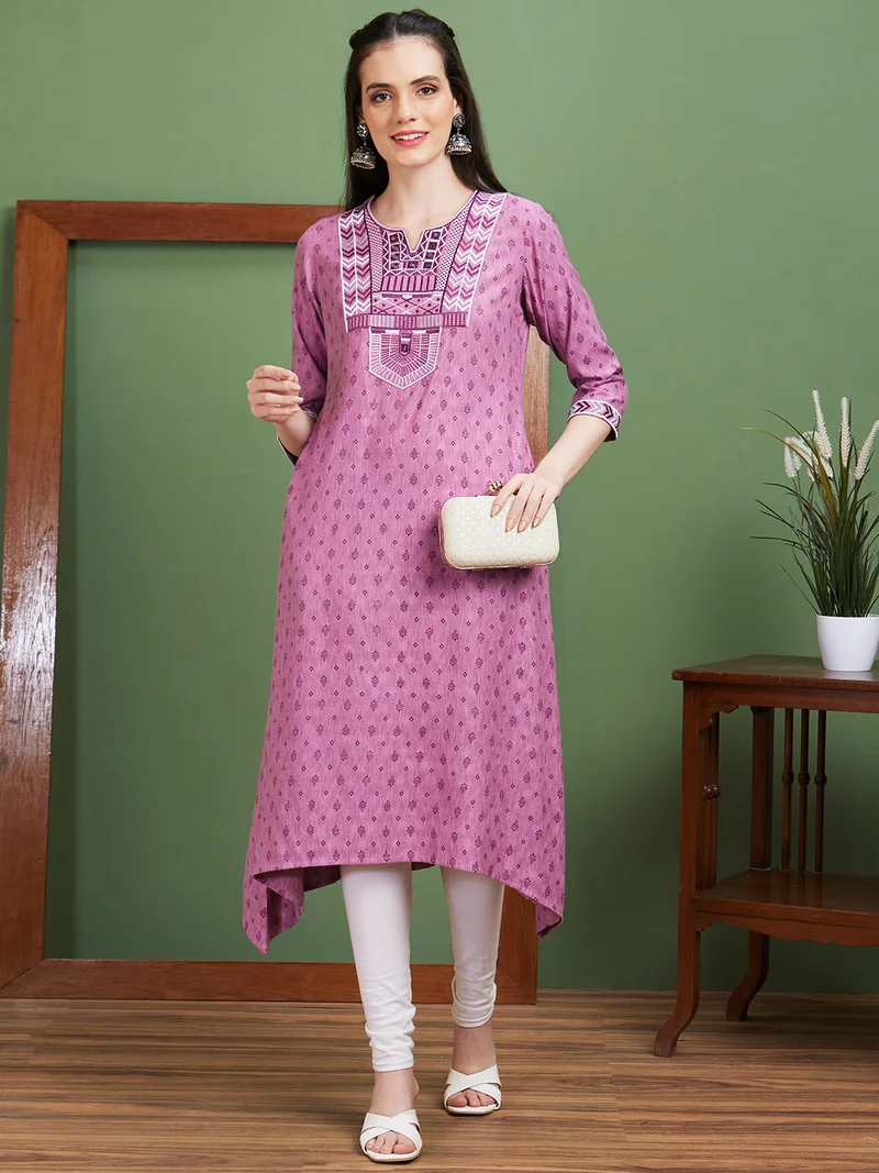 Women Purple Ethnic Motifs Printed Beads & Stones Notched Neck A-Line Empire Kurta