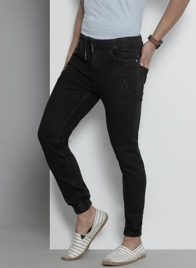 The Indian Garage Co The Indian Garage Co Men Black Mid Rise Slim Fit Cuffed Jeans
