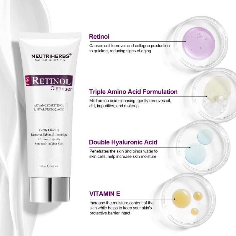 Neutriherbs PRO Retinol Face Wash, Daily Facial Cleanser for Anti-Aging, Nourishing, & Moisturizing with Amino Acid Foam, Hyaluronic Acid, and Vitamin E â€“ 4 fl. oz. - Image 5