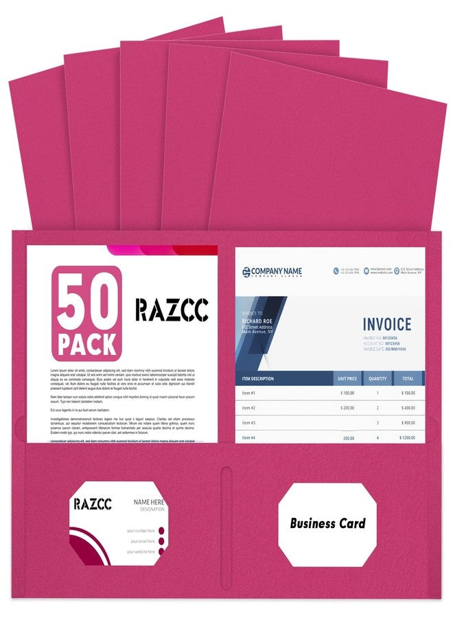 RAZCC Two Pocket Folders, 50 Pack 2Pocket Folders Fit Letter Size Paper, Paper Folders with Pockets for School Office Business Home, Magenta - Image 1