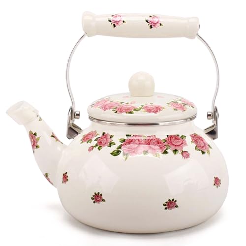 OLYTARU Tea Kettle Pot for Stove TopPorcelain Large Enamel Teakettle25L Colorful Teapot Floral Ceramic for StovetopRetro Classic Design Pink flower24L - Image 1