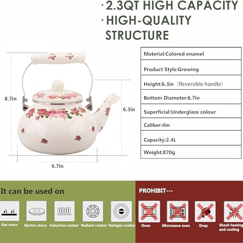 OLYTARU Tea Kettle Pot for Stove TopPorcelain Large Enamel Teakettle25L Colorful Teapot Floral Ceramic for StovetopRetro Classic Design Pink flower24L - Image 3
