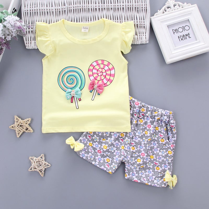 Summer small and medium-sized childrens lollipop short sleeve shorts girl baby cartoon 0-4 years old childrens suit vest suit tide Yellow 