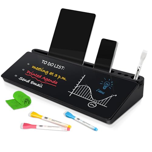 DOLLAR BOSS Glass Desk Whiteboard Small Dry Erase Board Desktop White Board with Storage Drawer Computer Keyboard Stand Desk Organizer Office Accessories School Supplies with 4 Markers 1 Rag, Black - Image 1
