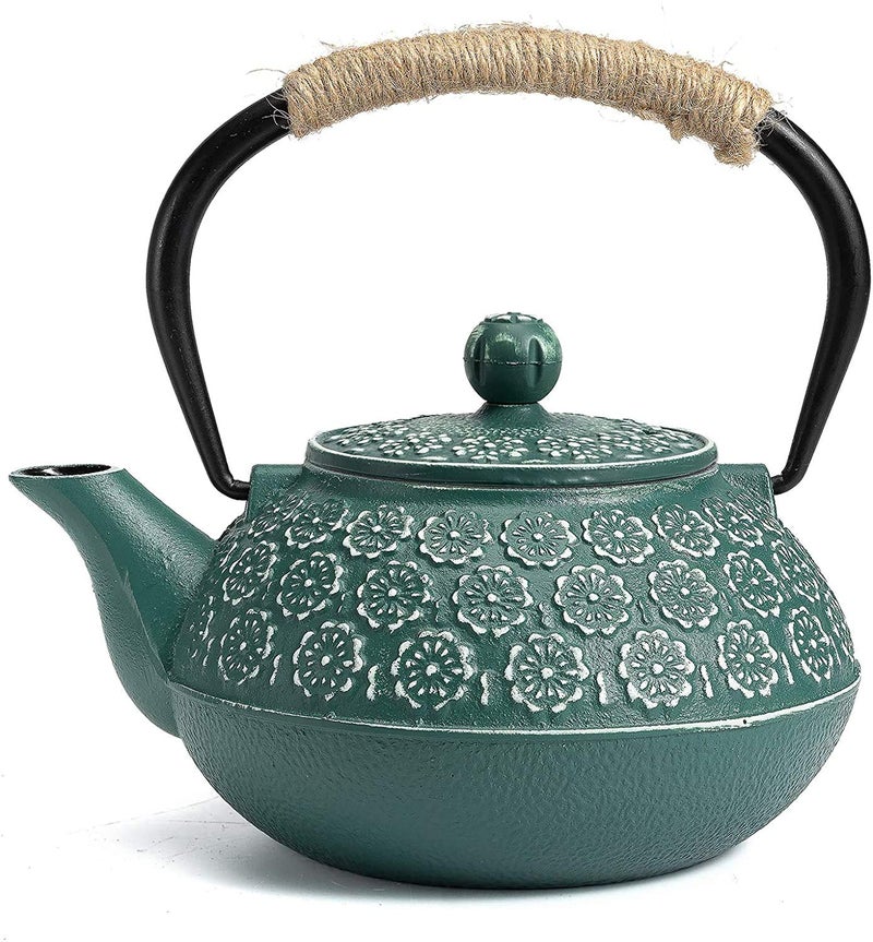 SUSTEAS Cast Iron Teapot 900ml Tetsubin Japanese Tea Kettle with Infuser for Loose Leaf and Tea Bags Tea Pot Coated with Enameled Interior Dark Green