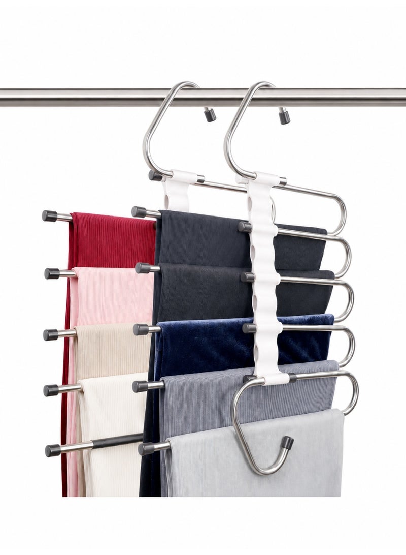 2-Pack 5-Tier Space Saving Pants Hanger with 10 Metal Clips – Multi-Layer Closet Organizer for Jeans, Hijabs & Scarves - Image 1