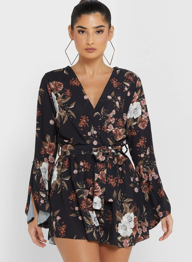 boohoo Floral Print Flute Sleeve Belt Detail Playsuit