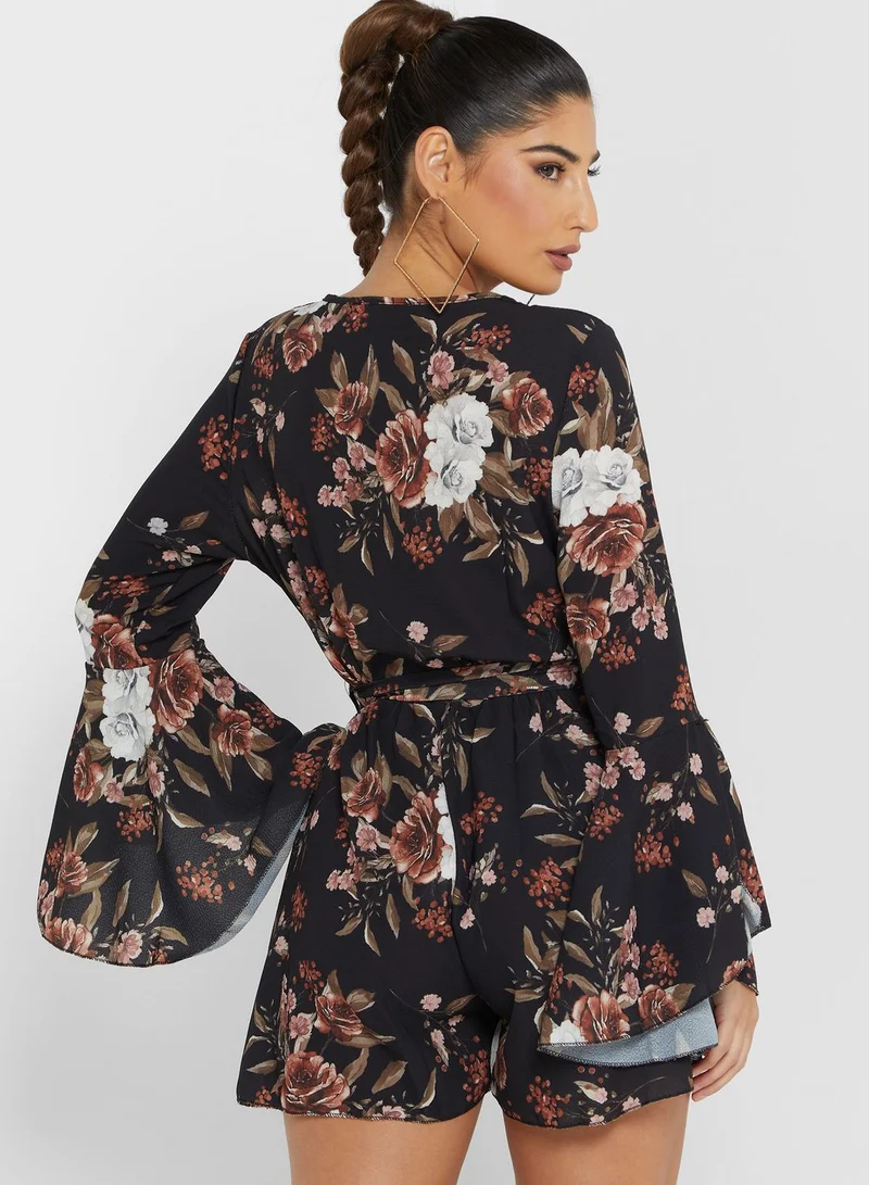 boohoo Floral Print Flute Sleeve Belt Detail Playsuit
