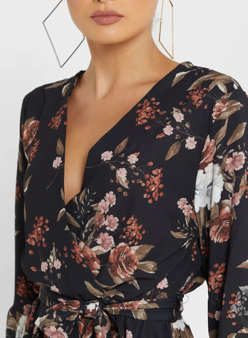boohoo Floral Print Flute Sleeve Belt Detail Playsuit