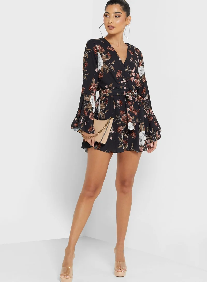 boohoo Floral Print Flute Sleeve Belt Detail Playsuit