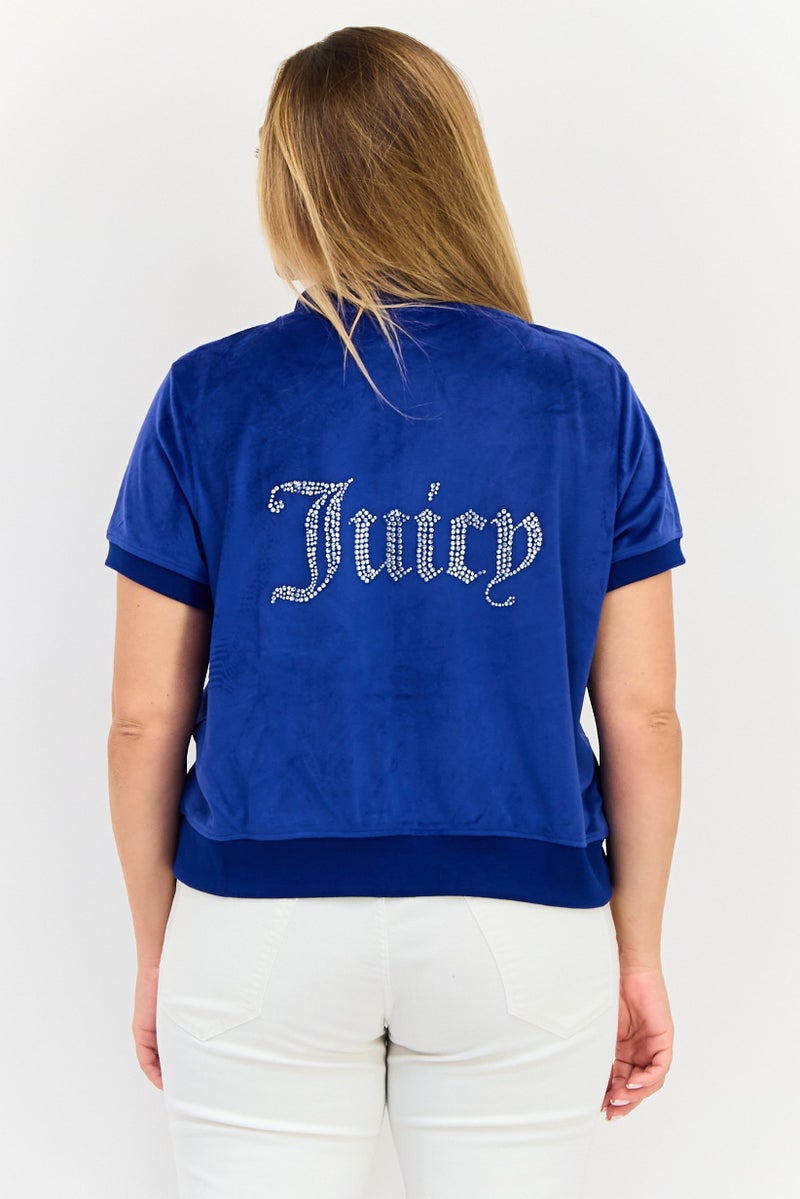 Juicy Couture Women Baseball Collar Short Sleeve Velvet Top, Blue - Image 3
