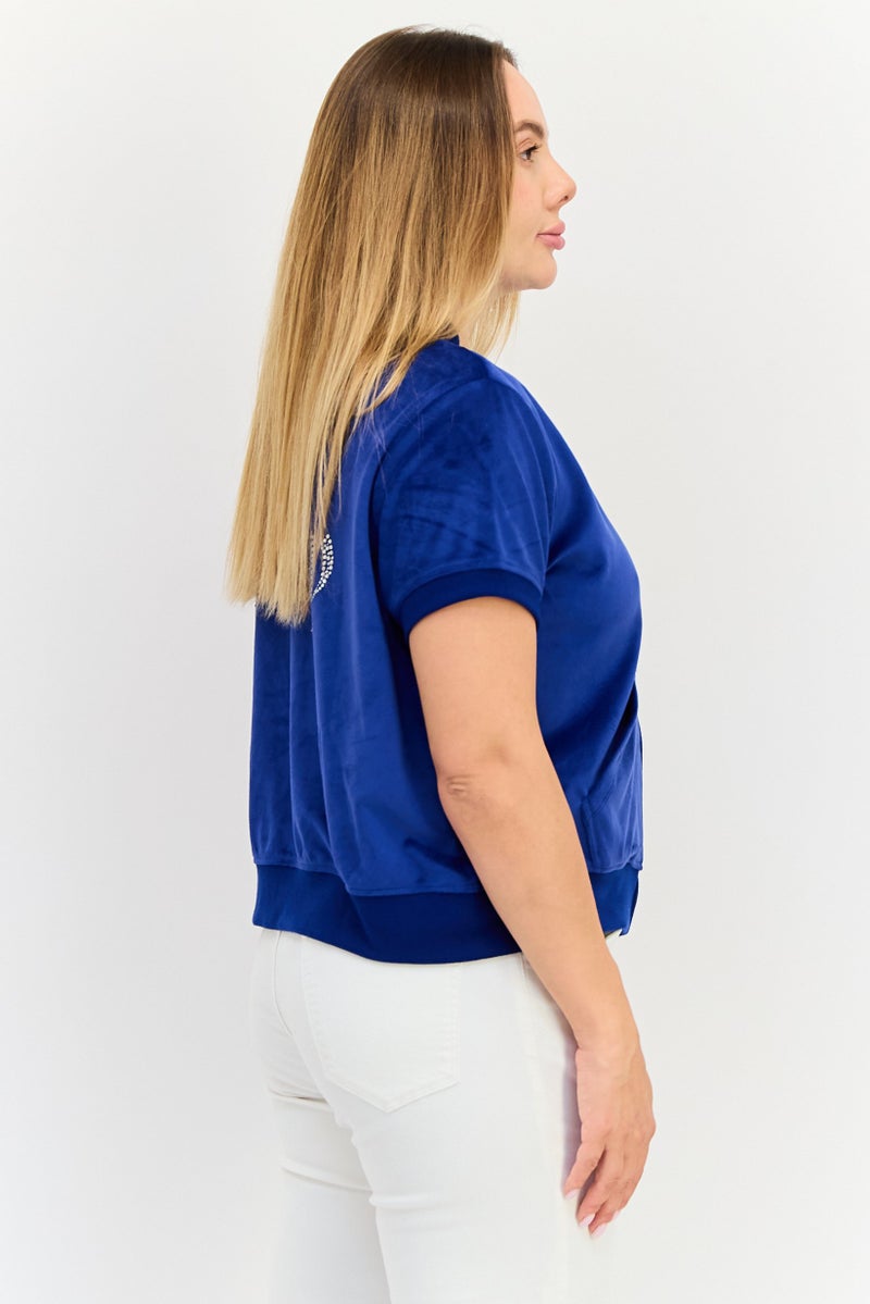 Juicy Couture Women Baseball Collar Short Sleeve Velvet Top, Blue - Image 2