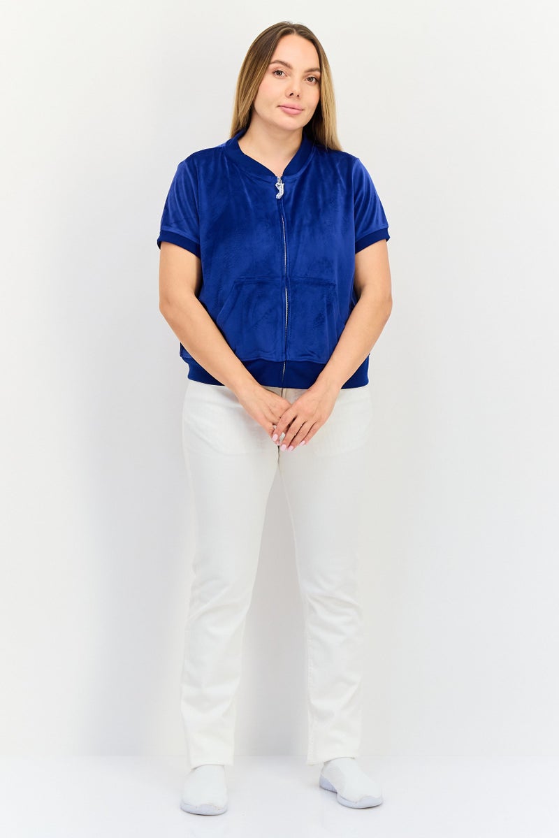 Juicy Couture Women Baseball Collar Short Sleeve Velvet Top, Blue - Image 4