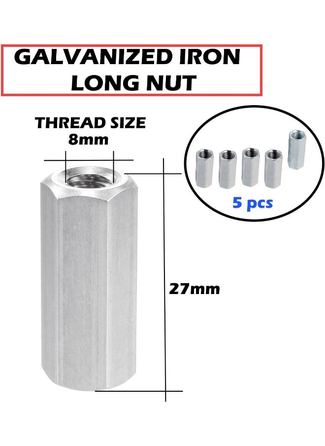 Poaker Galvanized Iron Threaded Long Nut Hexagonal Sleeve Coupling For Bolts, Rods, Studs, And Screws, Corrosion-Resistant, Ideal For Industrial And Construction Use (8Mm, 5, Pcs)  - Image 2
