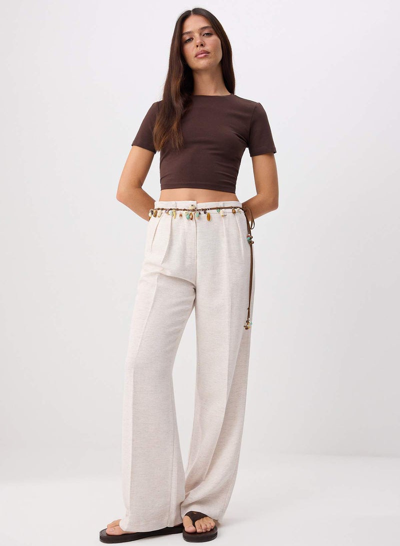 trendyol Beige Ribbed Wide Leg/Wide Leg Cotton Linen Woven Trousers TWOSS24PL00062 - Image 2