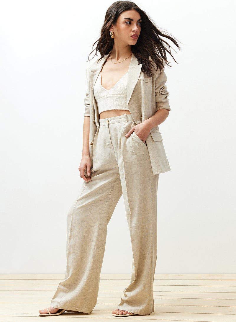 trendyol Beige Ribbed Wide Leg/Wide Leg Cotton Linen Woven Trousers TWOSS24PL00062 - Image 5