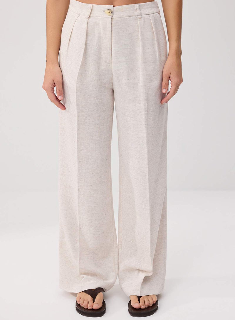 trendyol Beige Ribbed Wide Leg/Wide Leg Cotton Linen Woven Trousers TWOSS24PL00062 - Image 3