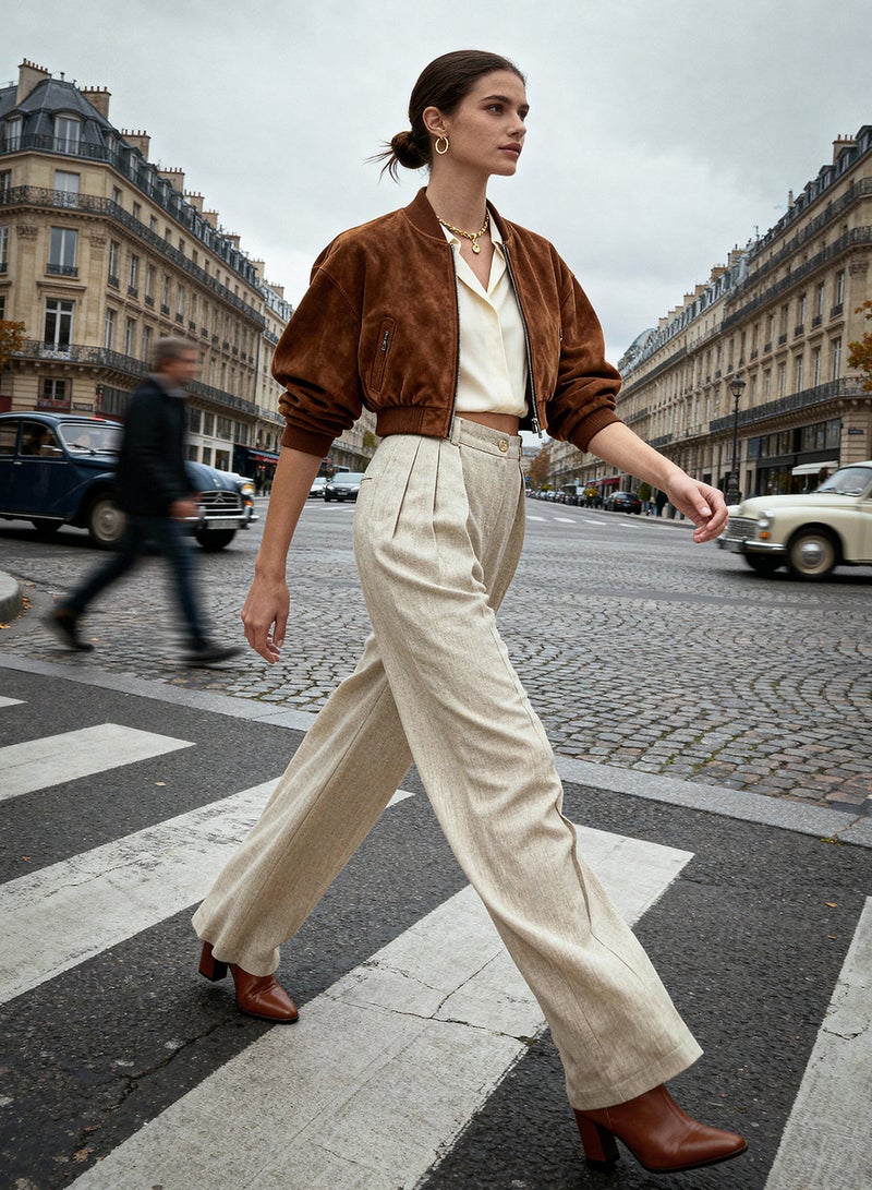 trendyol Beige Ribbed Wide Leg/Wide Leg Cotton Linen Woven Trousers TWOSS24PL00062 - Image 4