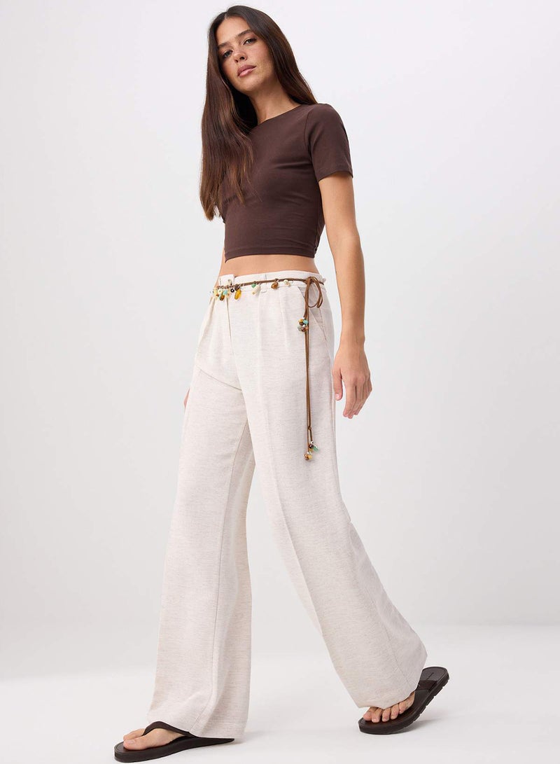 trendyol Beige Ribbed Wide Leg/Wide Leg Cotton Linen Woven Trousers TWOSS24PL00062 - Image 1