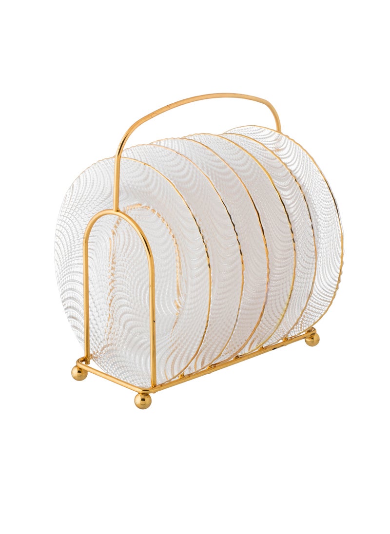 REFAN A Set Of 6 Glass Dessert Plates With A Metal Stand, The Plate Gold
Round Size Is 15 Cm  - Image 1