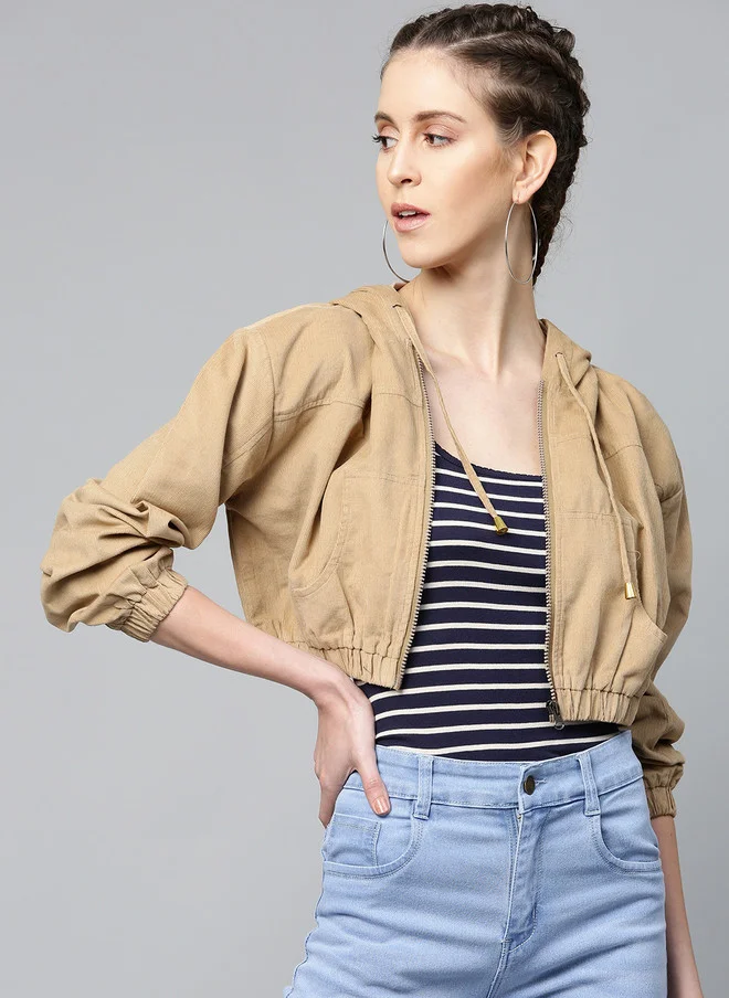 Beige Cropped Bomber Jacket for Women