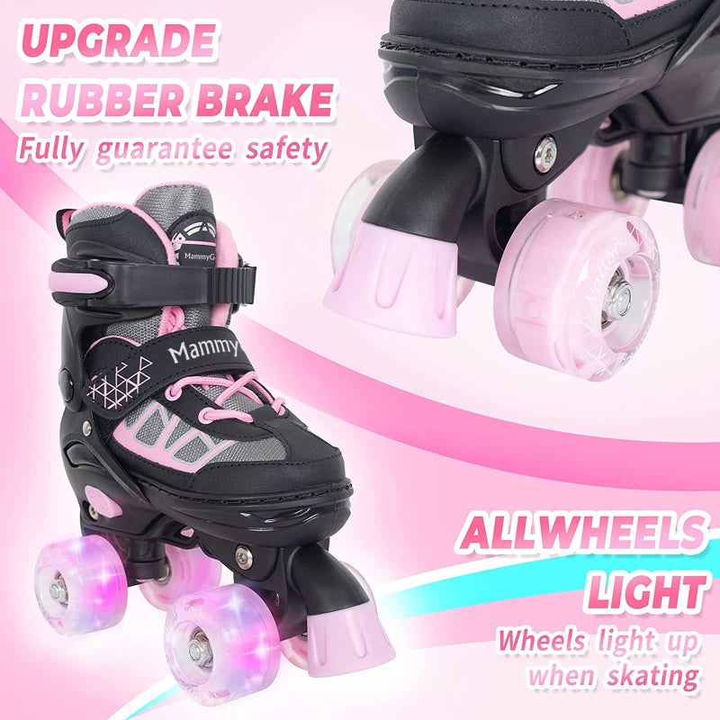 MammyGol Roller Skates for Kids Boys Girls, Adjustable Quad Skates with Light Up Wheels for Toddler Little Kids Ages 6-12 Size 13C 1 2, Beginners Outdoor Sports, Pink - Image 2